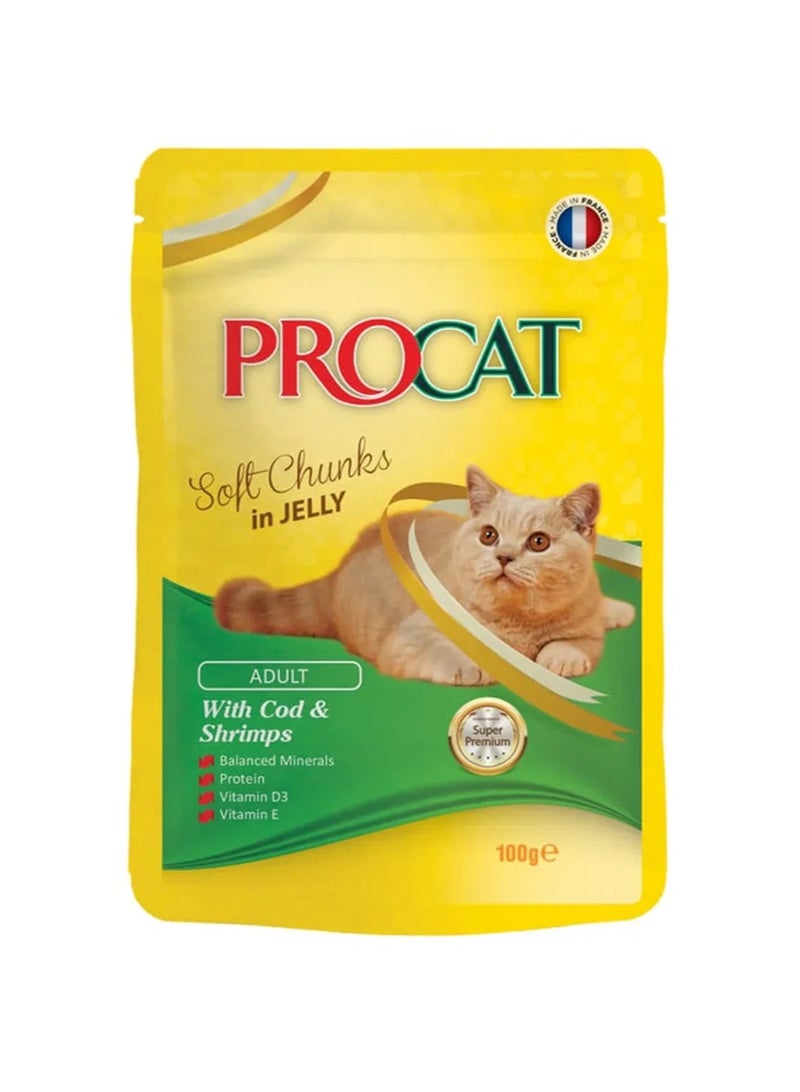 بروكيت طعام رطب للقطط البالغة قطع طرية بسمك القد والجمبري 100 جم